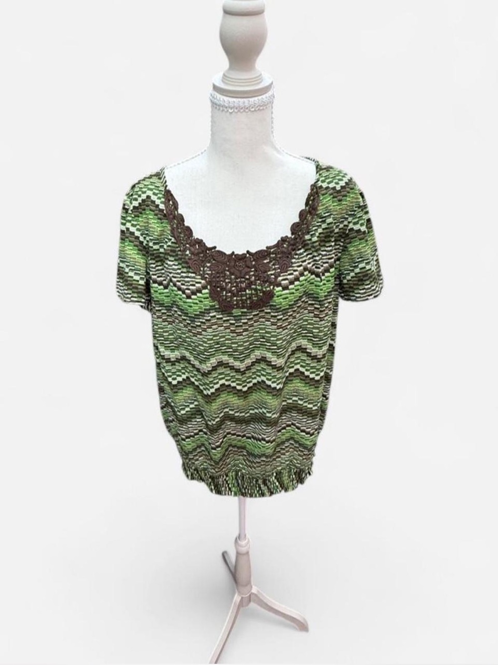 J. Crew Green Brown Zigzag Crochet V-Neck Blouse